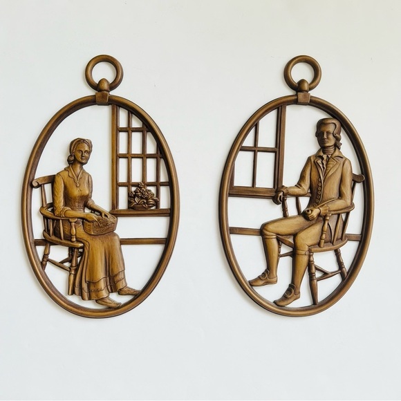 Syroco Wall Hanging Art Plaques Mid Century MCM Pilgrims John and Priscilla - Picture 1 of 6